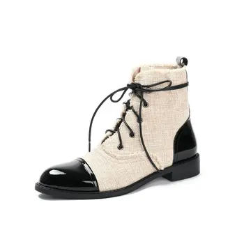 

Fashion mixed colors cow leather hemp boots med heels British style winter autumn women lace up ankle boots size 41 42 43 44