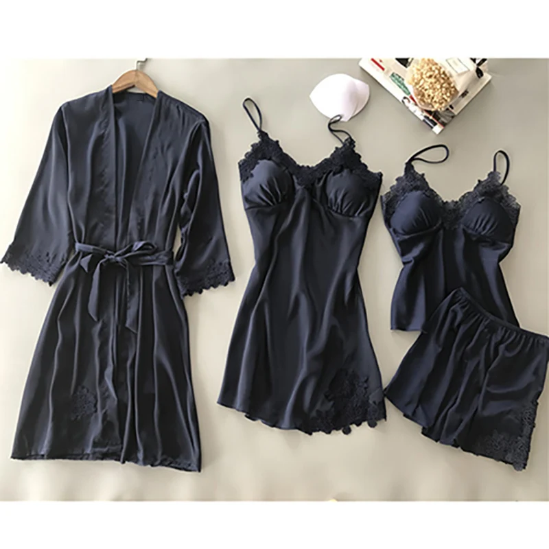 Dark Blue Q 4 шт. женские пижамные комплекты Шелковая пижама шелковое Сексуальное Кружевное Нижнее белье Пижама шорты к ночной рубашке пижама с нагрудники - Цвет: Dark Blue Q