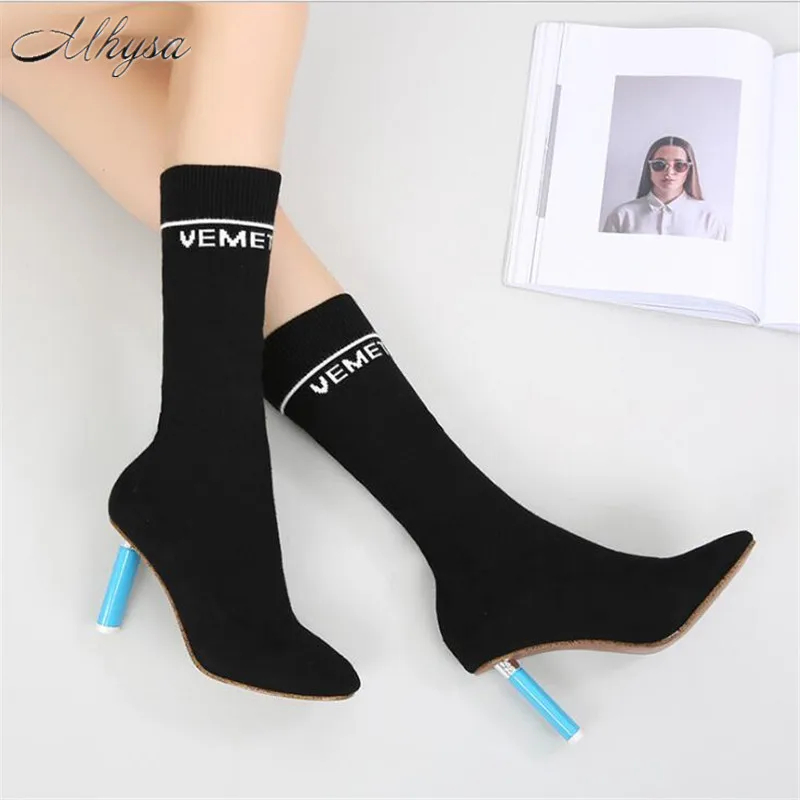 

Mhysa 2019 New Women Boots Pointed Toe Elastic Female Mid Calf Boots Autumn Winter Knitting wool Pointed High Heels Women Boot
