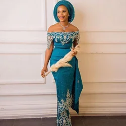 SoDigne Arabic Mermaid Evening Dress Off Shoulder Beaded Lace Mermaid Prom Dresses African Nigeria Plus Size Women Party Gown