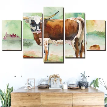 

5 Panel Canvas Art Print Spring Cow Bull Animal Modern Modular Large Canvas Wall Art Canvas Painting