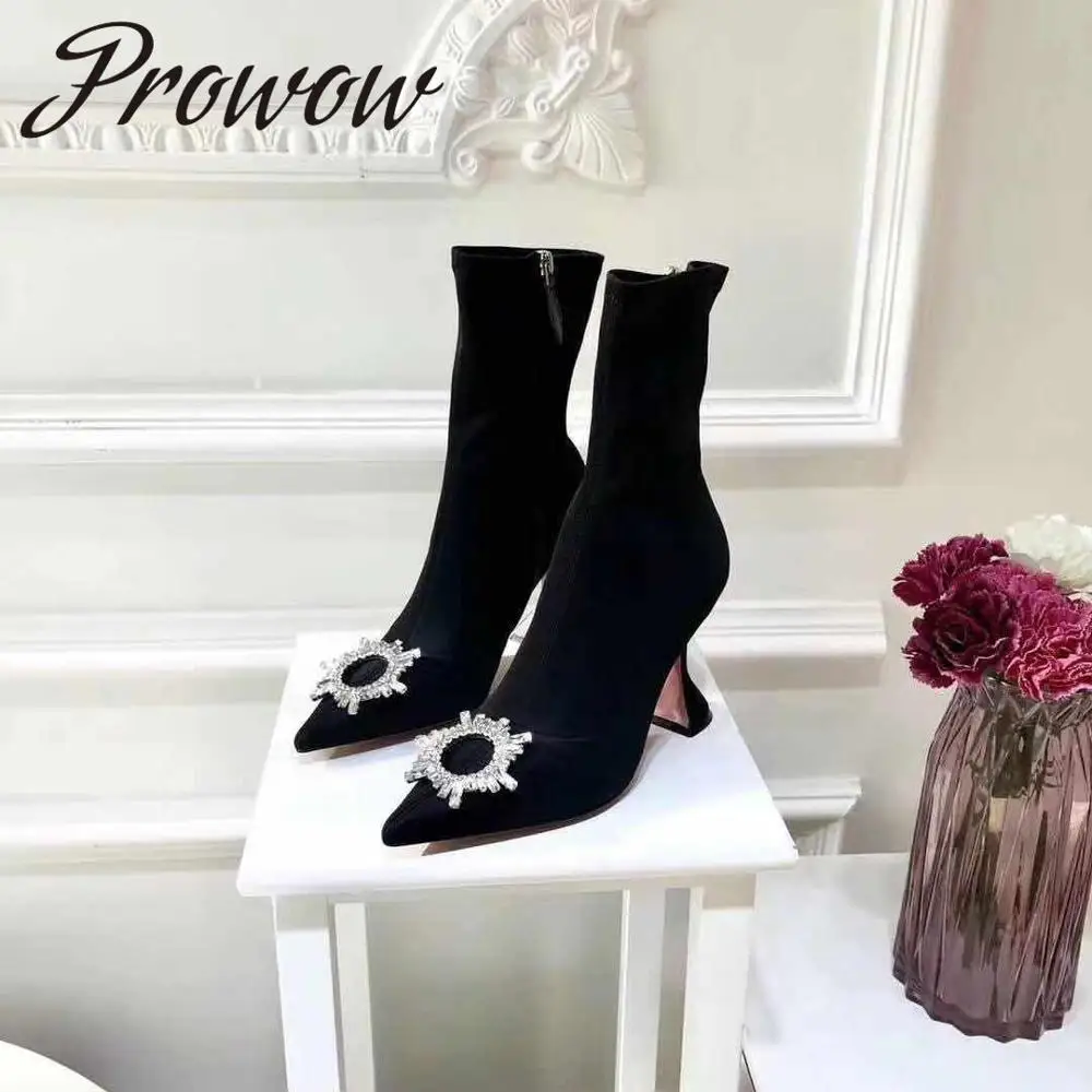 

Prowow New Satin Sexy Pointed Toe Ankle Boots Crystal Floral Zip Side High Heel Spring Boots Shoes Women