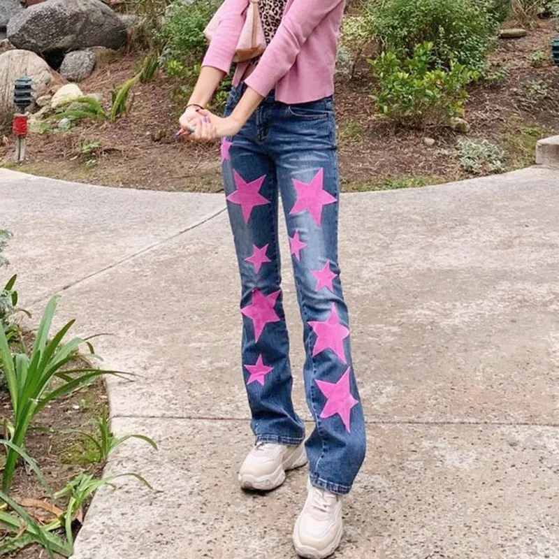 

Star Print Casual Jeans Pants for Women Straight Mid Waist Denim Long Trousers Ladies Winter
