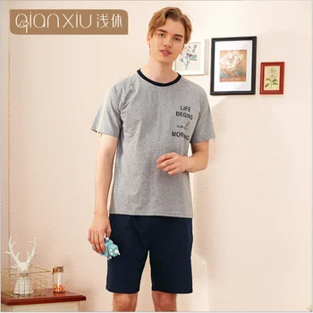 

2020 Summer Two-Piece Men Casual Pajama sets 95% Cotton Sleepwear suit Men's O-neck collar short sleeve t shirt & Half Pants XXL
