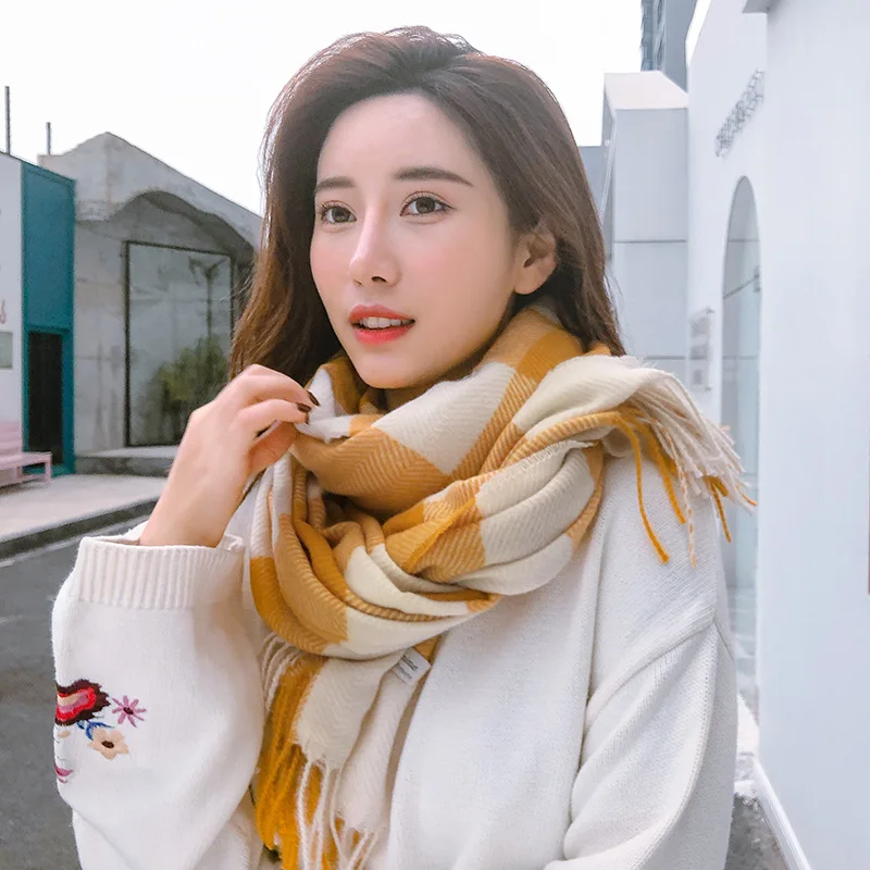 YIMEI012 Winter Girls Cashmere Plaid Scarves Women's Casual Thick Warm Shawl Poncho Tippet Women Plaid Pashmine Wraps