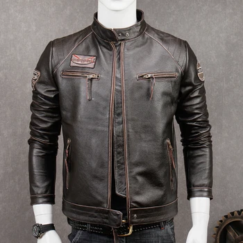 

2020 Vintage Brown Men Slim Fit Motorcycle Jacket Plus Size XXXXXL Genuine Cowhide Autumn American Biker's Leather Coat