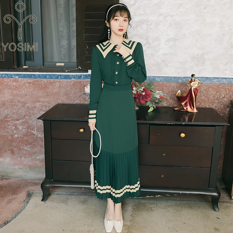 

YOSIMI 2 Piece Outfits for Women 2020 Autumn Full Sleeve Shirt Top and Long Pleated Skirt Sets Mid-calf Green 2 Piece Set Women