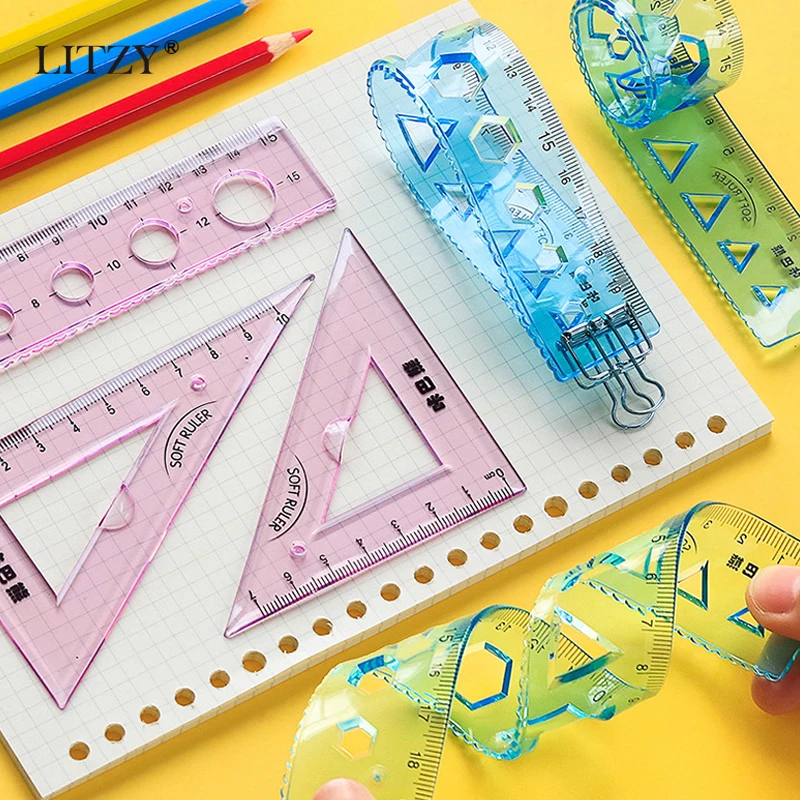 LITZY 4pcs Soft Geometry Ruler Set Protractor Mathematical Compasses for School Stationery 15/20cm Plastic Straight Rulers