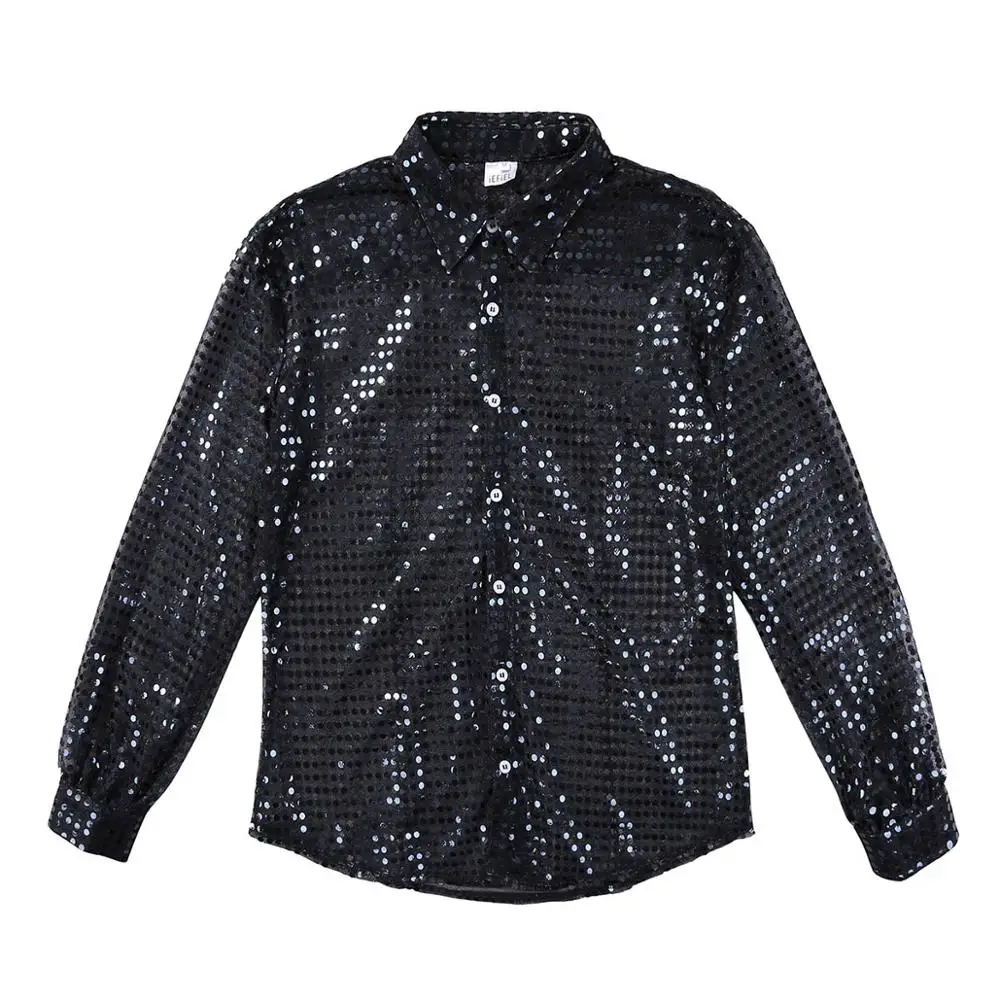 Hommes Men See Through Sequins Latin Dance Shirt Long Sleeve Ballroom Tango Rumba Top Mens Shirts Tops Performance Costume