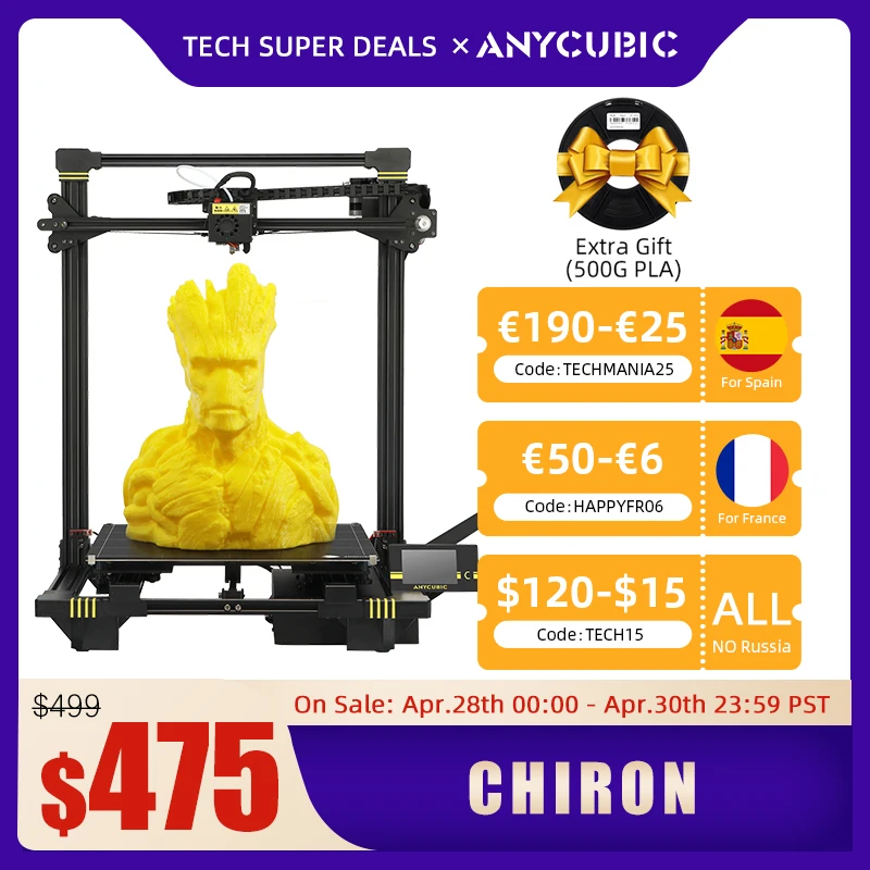 Anycubic-impresora 3D Chiron autonivelante, máquina extrusora de alta calidad, mayor volumen de construcción, Kit DIY, Heatbed, impresión, filamento duro Flexible