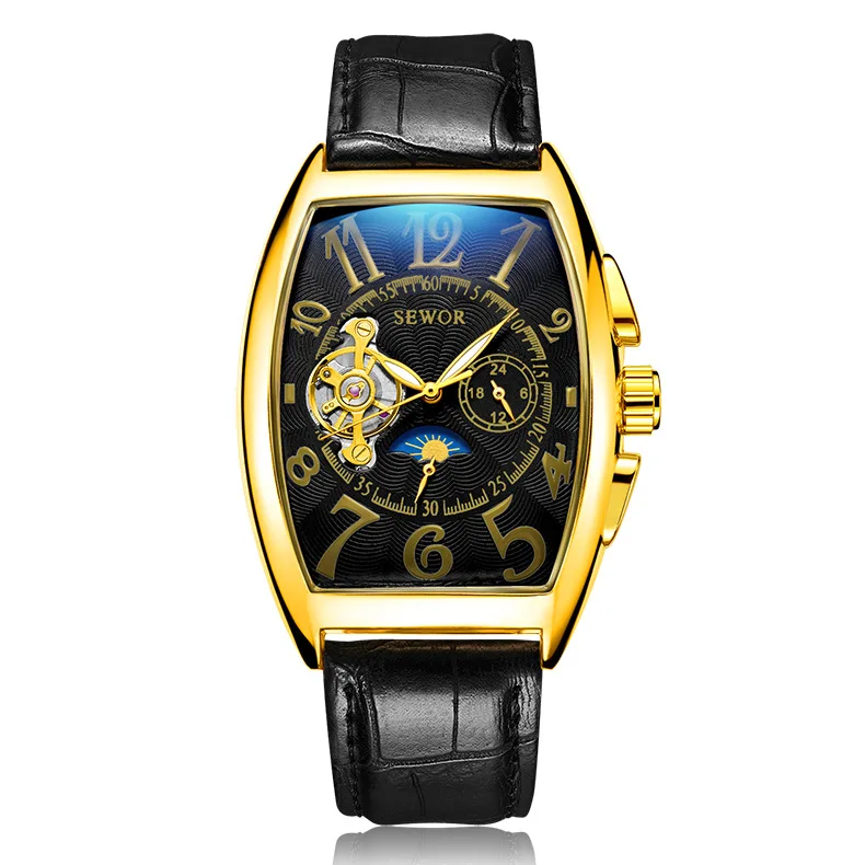 SEWOR Fashion Luxury Gold Watch Men Mon Phase Tourbillon Watches Small Seconds Automatic Mechanical Wristwatches Reloj Hombre 