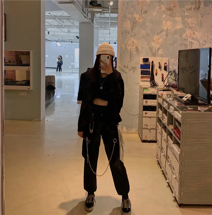Kpop Blackpink Дженни осень Готический стиль женские пучок на резинке; Женская обувь в стиле «хип-хоп» Танцы черные свободные молнии Штаны