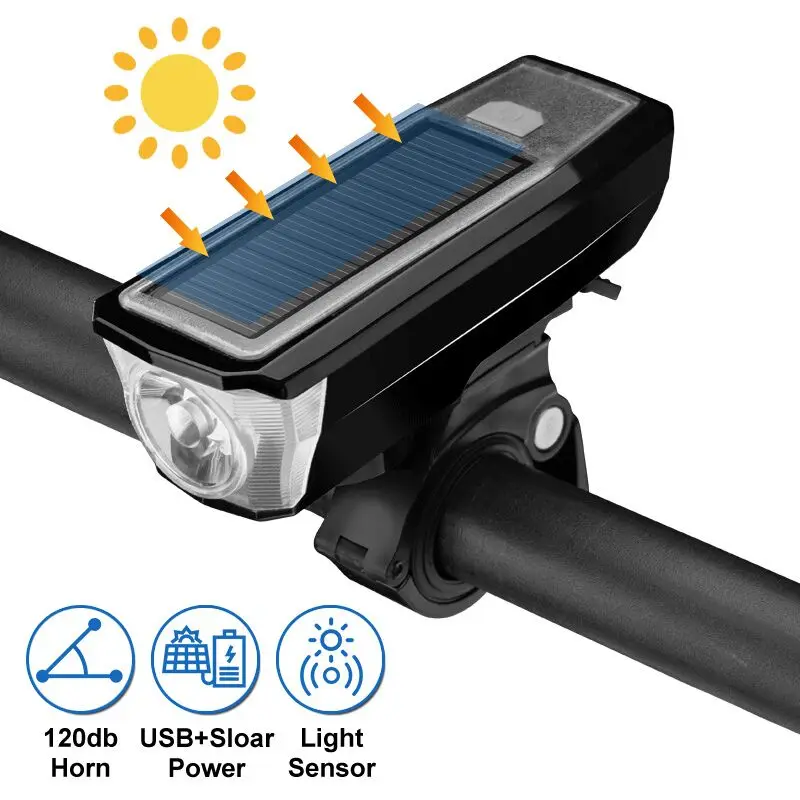 

USB+ Solar Charging Bicycle Light High Decibel Speaker Life Waterproof Bike Front Light Lamp Cycling LED Flashlight Lantern