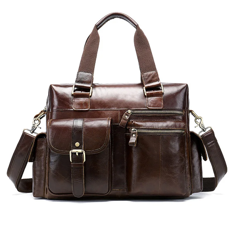 Мужской портфель, винтажный кожаный портфель crazy horse, сумка-мессенджер, подходит для 14 дюймов, сумка для ноутбука, большая вместительность, коровья кожа, деловые дорожные сумки - Цвет: dark brown