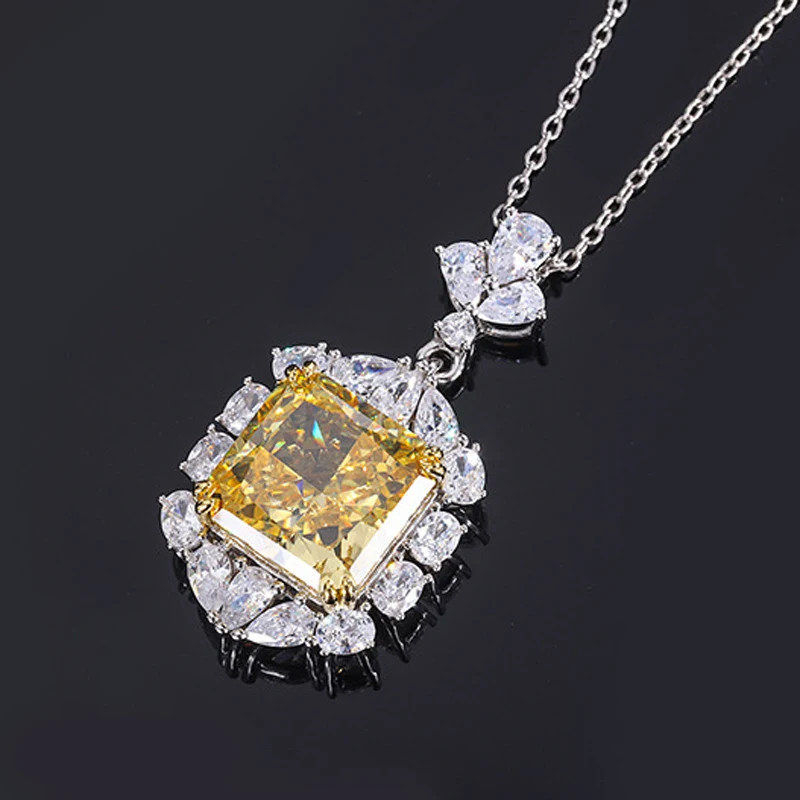 OEVAS 100% 925 Sterling Silver 13*13mm Aquamarine Yellow High Carbon Diamond Radiant Cut Pendant Necklace For Women Fine Jewelry