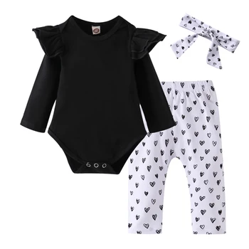 

US STOCK Newborn Baby Girl 3PCS Autumn Clothes Cotton Romper Jumpsuit+Pants Outfits