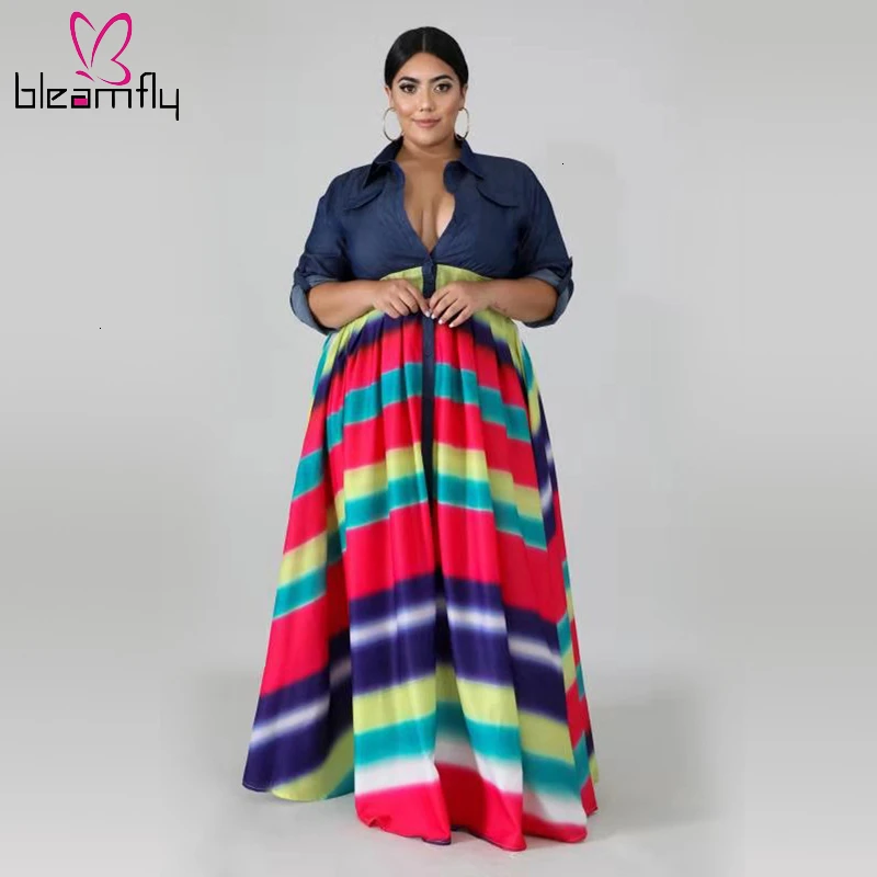 

Autumn Women Long Sleeve Long Shirt Dress Denim Spliced Rainbow Striped Printed Button Bohemian Maxi Dresses Plus Size Vestidos