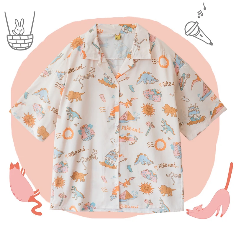 Cretaceous Dinosaur Cute Oversized Women's Blouse Cartoon Short Sleeve Summer Shirt White