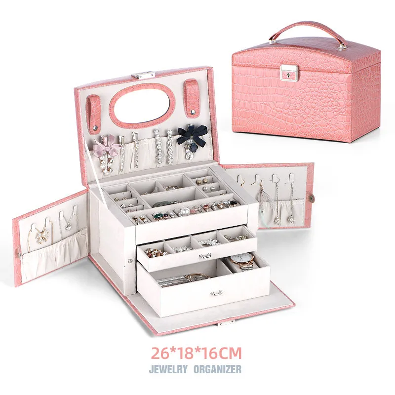 Pink (Lock and Box) Портативная шкатулка для ювелирных изделий, модные серьги, кольца, ожерелье, чехол для хранения, женский кожаный Органайзер для хранения, контейнер для украшений - Цвет: Pink (Lock and Box)