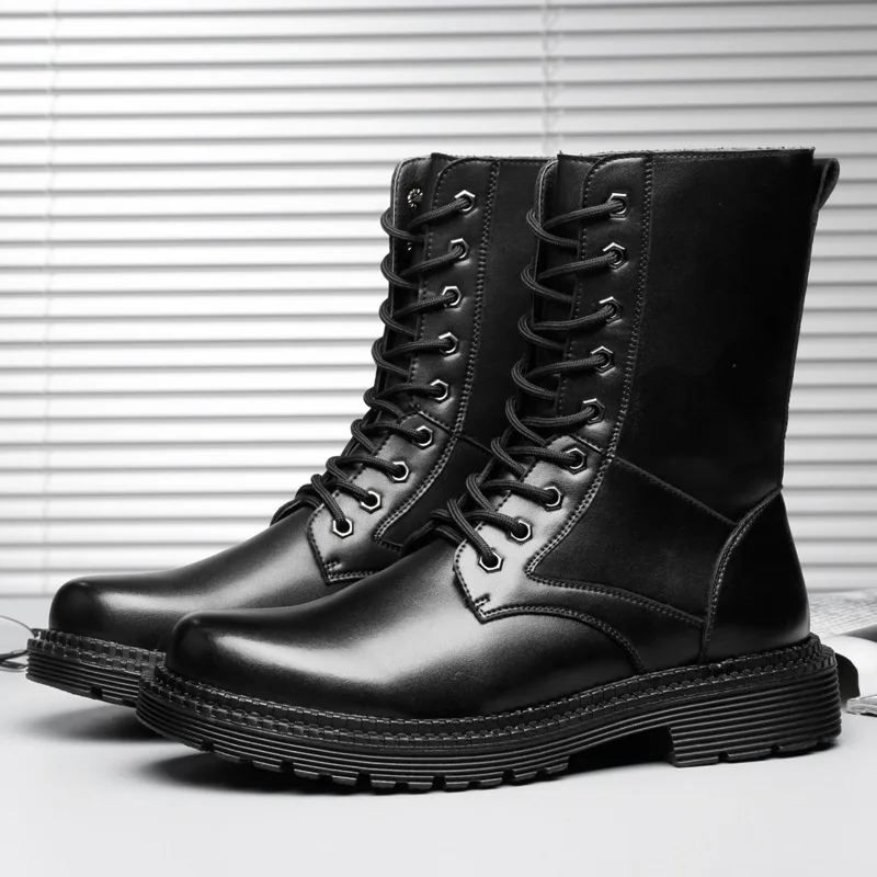 new arrival mens luxury fashion mid-calf boots black cow leather shoes cowboy platform long boot outdoor bota militar masculino |