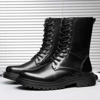 

new arrival mens luxury fashion mid-calf boots black cow leather shoes cowboy platform long boot outdoor bota militar masculino