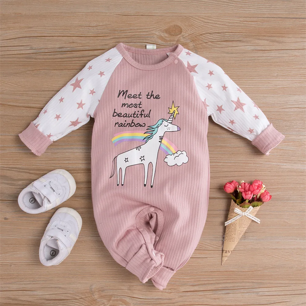 

Spring Autumn Newborn Baby Clothes Long Sleeve Cartoon Unicorn Print Rompers For Baby Girls Boys Toddler Lovely Jumpsuit Unisex