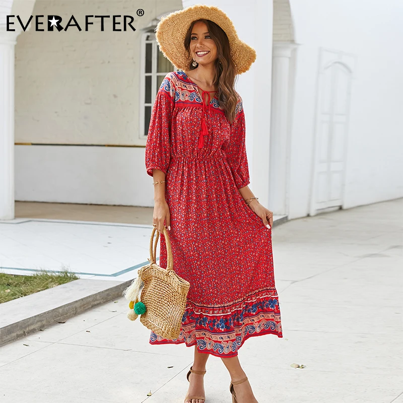 

EVERAFTER Floral print boho dress women high waist v-neck summer dress three quarter elegant cotton sexy female long dresses