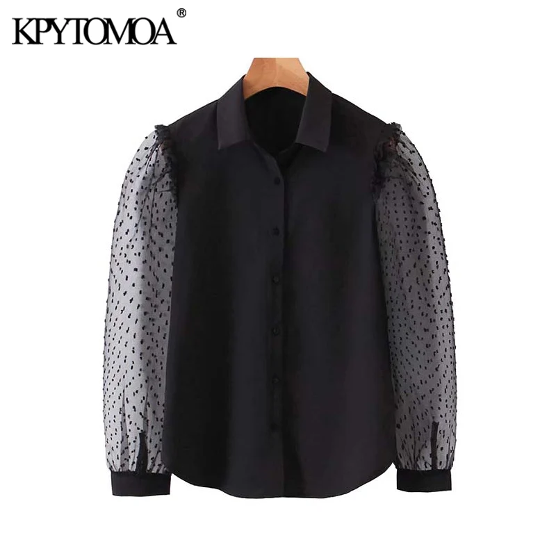 

Vintage Sexy See Through Patchwork Black Blouses Women 2020 Fashion Lapel Collar Long Sleeve Female Shirts Blusas Chic Tops