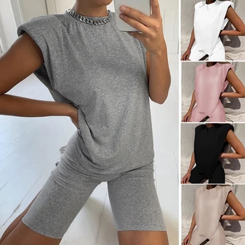 

Women Sleeveless Shorts Suits Shoulder Pad Solid Color T-shirt Two-Piece Home Loose Sports Casual Suit