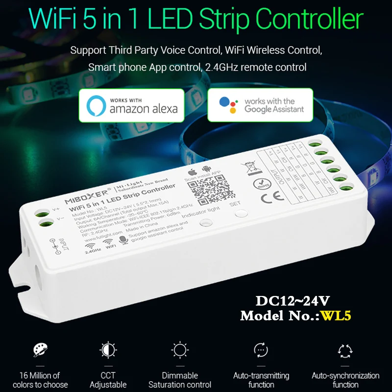 

5 IN 1 WiFi LED Smart Controller 6A/Ch for single color RGB RGBW RGB+CCT LED strip,can Alexa/Google Assistant Voice/App control