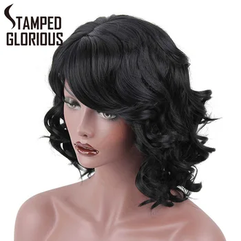 

Stamped Glorious Short Natural Wave Wig With Bangs Black/Red/Brown Bob Wigs Synthetic Wigs for Black Women Heat Resistant Fiber