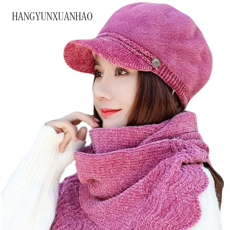 

HANGYUNXUANHAO Women French Beret Hat Scarf Set Winter Warm Lady Hat Chenille Elegant Beanie Cap