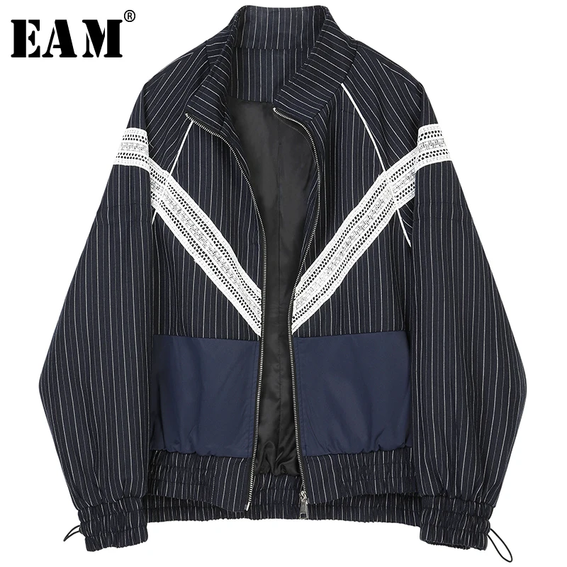 

[EAM] Loose Fit Striped Contrast Color Drawstring Jacket New Stand Collar Long Sleeve Women Coat Fashion Autumn 2019 JZ688