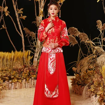 

Royal Chinese Long Sleeve Cheongsam Embroidery Flower Women Red Qipao Vestidos Sexy Wedding Evening Party Dress Asian Vestidos