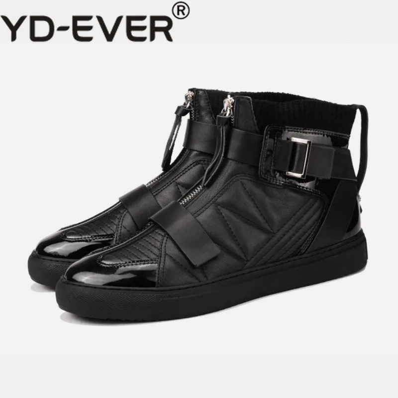 Mens Winter High Top Sneakers Sheepskin Cross Strap Genuine Leather Spliced Casual Footwear Flats Zipper Designer Trainer Shoes