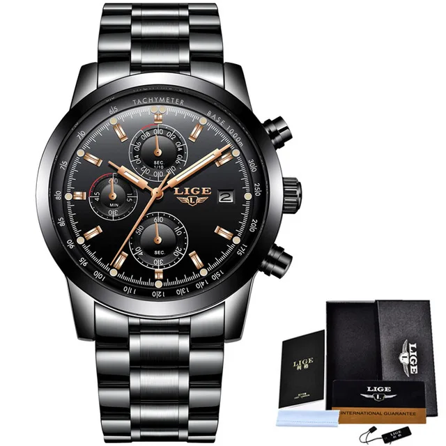 Full black rose Relogio Masculino LIGE модный хронограф спортивные мужские часы лучший бренд Роскошные Кварцевые часы Reloj Hombre saat часы+ коробка - Цвет: Full black rose