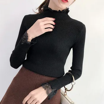 

Women Sweaters Lace Patchwork Knitted Pullover Women Turtleneck Autumn Winter Pullovers Rk