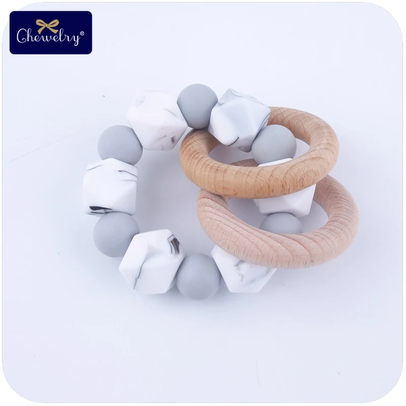 

1PC Baby Bracelet Marble Silicone Octagonal Beads Beech Wooden Teething Rings DIY Baby Customize Name Wooden Rattles Baby Toys