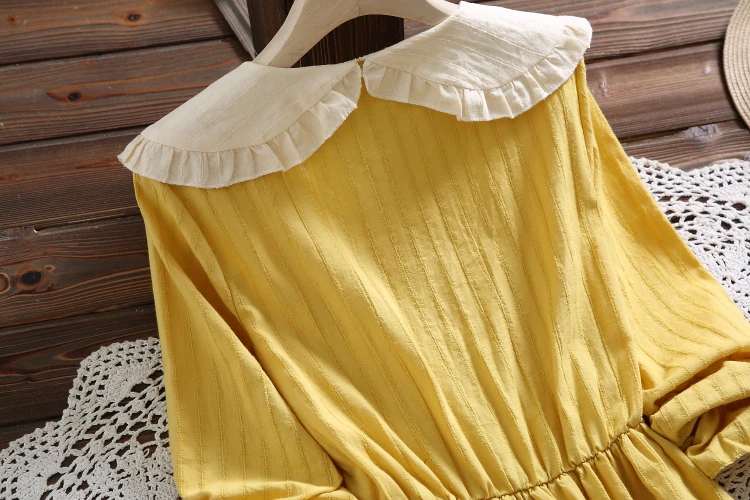 Японский консервативный стиль осень весна женское милое платье желтый зеленый галстук Хлопок Лен Платье Kawaii Девушка Лолита оборками Мини платье