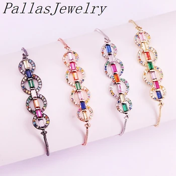 

10Pcs Beautiful Multi CZ Micro Pave Circle Bar Adjustable Chain Rainbow Cubic Zirconia Charm Adjustable Bracelet For Women Girl