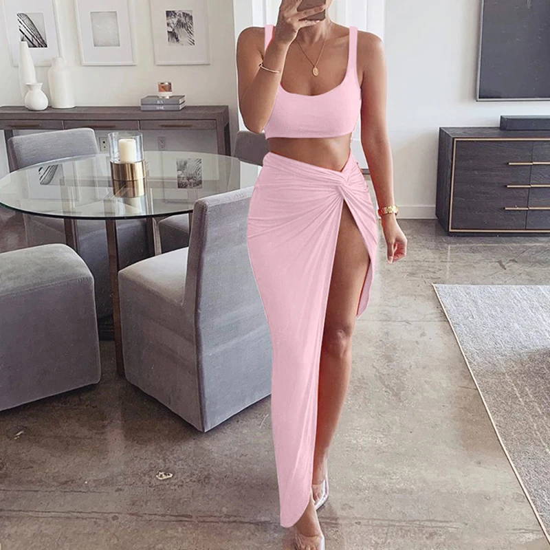 Fashion Female Long Skirt New Sling Tube Top Mid-Length Solid Color High Split 2-Piece Summer Suit For Women Lady Skirts Suits