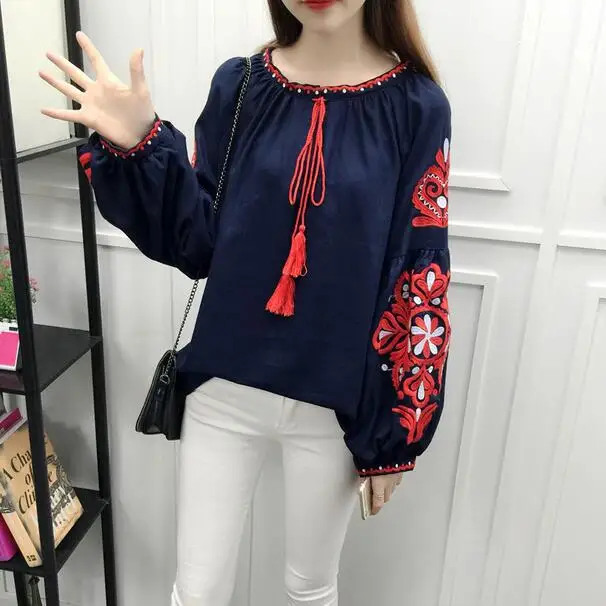 Хлопковые льняные Boho вышитые блузки летние женские блузки с длинным рукавом белые синие Черные офисные Лолиты блузки WF328