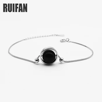 

Ruifan Trendy Round Natural Black Agate Box Chain Women's Bracelet 925 Sterling Silver Wrist Bracelet for Women Jewelry YBR050