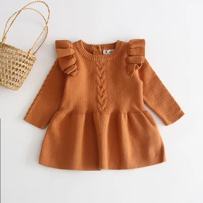 Ins/вязаный свитер для маленьких девочек; вязаное платье; сезон осень-зима; новое модное платье принцессы ярких цветов для маленьких детей - Color: Orange