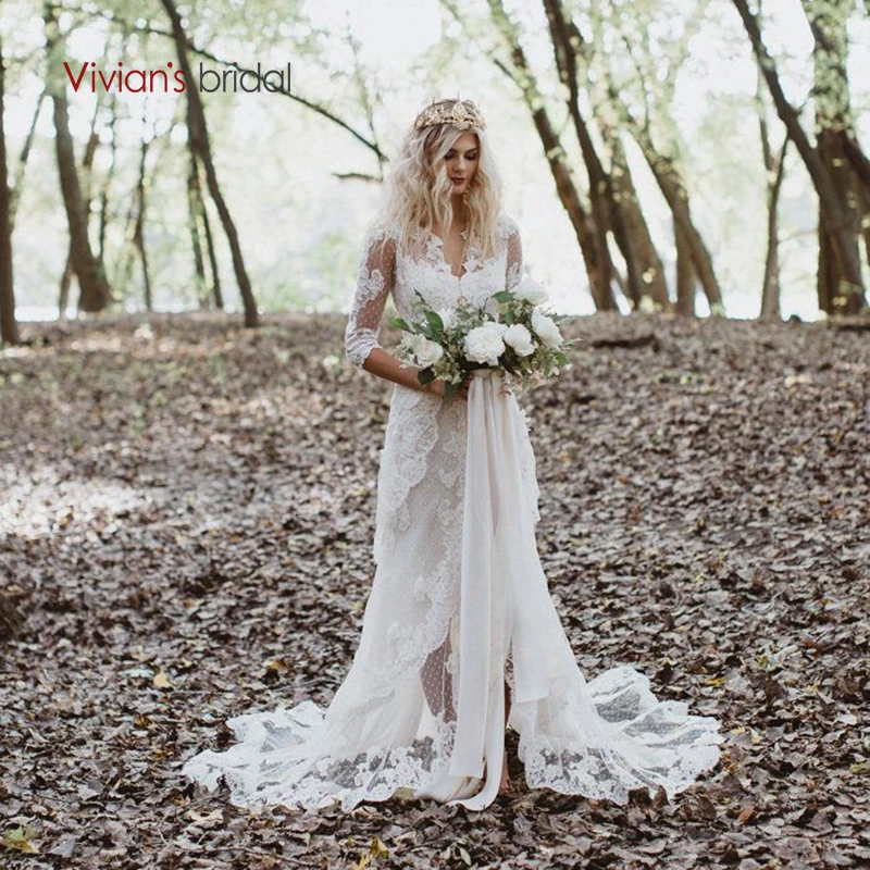 Vivian's Bridal Boho Spot Lace свадебное платье 2019 милое высокое низкое передняя молния Tiere