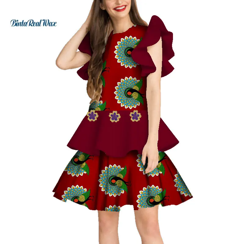 Мода Базен платье Базен Риш Vestido хлопок Африканский воск печати платья для женщин Раффлед двойной кружево африканский дизайн одежда WY3197
