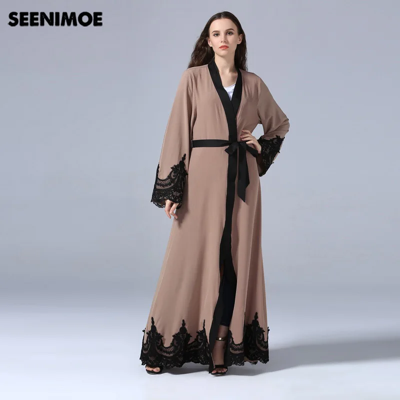 SEENIMOE New Muslim Cardigan Hot Sell Simple Smooth Lace Elegant Pure Long Dresses Women Modest Wear Clothing EID Robes | Тематическая
