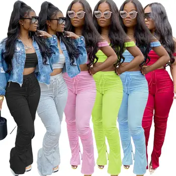 

Sport Solid Women Two Piece Set Tracksuits Off Shoulder Crop Tops Stacked Flare Jogger Pants Suit Outfits Matching Set