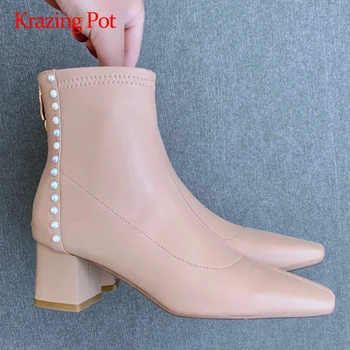 

Krazing pot 2020 french romantic microfiber pearl decorations square toe thick high heel back zipper beauty lady ankle boots L66