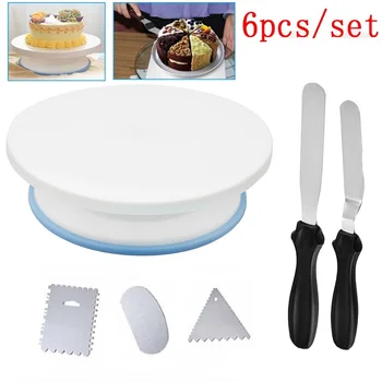 

6Pcs/Set Cake Decorating Turntable Icing Nozzles Spatula Display Stand Rotating Non-toxic And Tasteless
